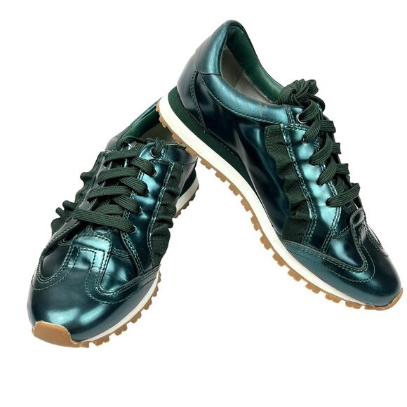 Tory Burch Sport Womens Sneaker Trainer Ruffle Metallic Green Leather Size 6.5 - Picture 1 of 12